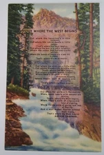 Colorado Postcard Mid 1900s Rare Where the West Begins Poem USA Rocky Mtn River
