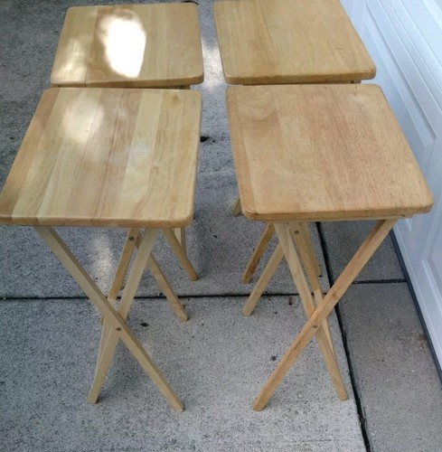 Vintage 4 PC Heavy DUTY Farmhouse Solid Pine Oak ? Wood Folding TV Trays Tables - Picture 3 of 6
