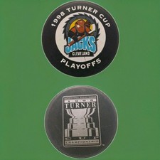 1998 CLEVELAND LUMBER JACKS OFFICIAL TURNER CUP HOCKEY PUCK LINDSAY MFG.- CANADA