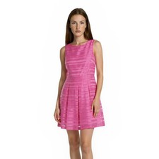 NWT Tahari Fit Flare Dress Womens Size 6 Hot Pink Mesh Stripe Sleeveless