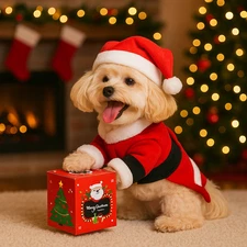 Christmas Santa Dog Costume with Gift Box – Cute Holiday Santa Outfit Size S