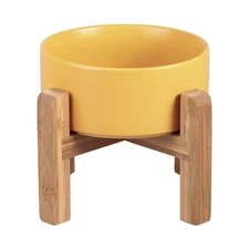 Yellow Ceramic Elevated Raised Cat Bowl with Wood Stand No Spill Pet Food Wat...