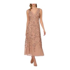 Adrianna Papell Sequined Beaded Floral V-Neck MIDI Dress Pink Rose Gold 2P NEW!