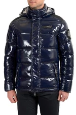 Plein Sport Men's Navy Blue Logo Print Zip Up Hooded Parka Jacket
