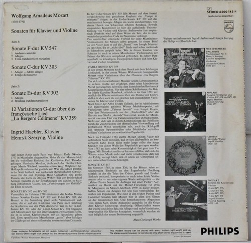 PHILIPS STEREO 6500 145 MOZART Sonate P.no Violin Ingrid HARBLER-Henryk SZERYNG - Picture 2 of 3