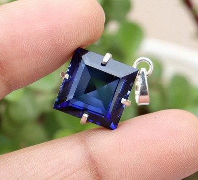 Gravitygems 925 Silber Anhänger mit natürlichem blauen Saphir Princess Cut