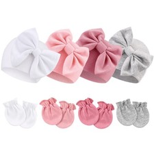 Newborn Baby Hats and Mittens Set Infant Bow Beanie Cap Toddler Gloves Newbor...