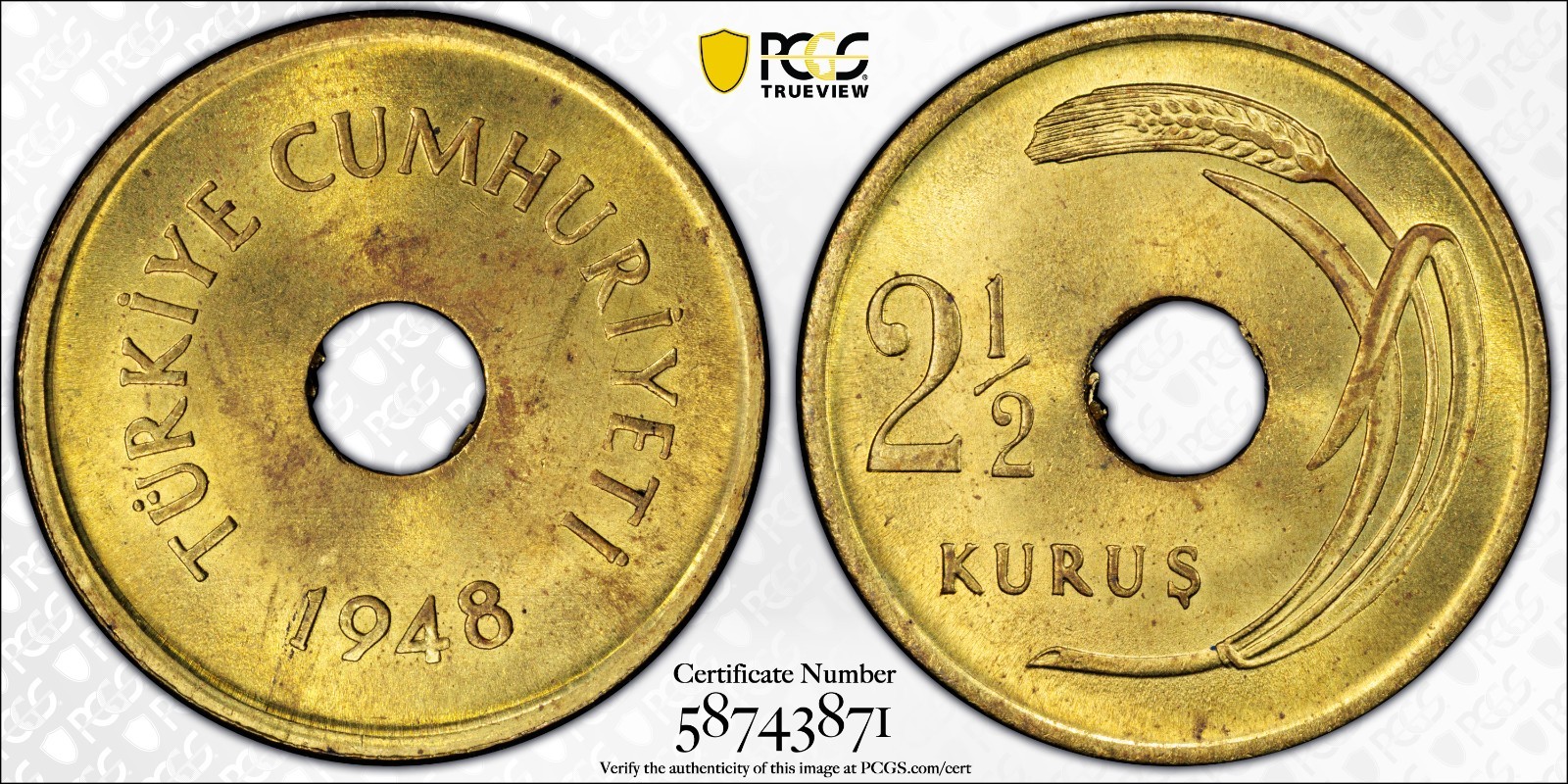 Turkey 2.5 Kurus 1948 PCGS MS 64