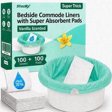Bedside Commode Liners with Absorbent Pads, 100 Liners + Pads, for Elderly, A...