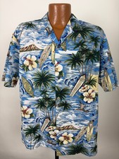 Vintage 90s Hawaiian Shirt Men Large Surf Big Waves Floral Diamond Head Camp USA