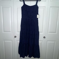 Anthropologie LEA Linen Navy Blue Women's Dress palm tree pattern large