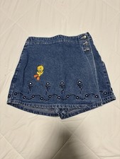 Vintage 1999 Tweety Embroidered Flower Denim Skort Size 10 Looney Tunes Warner