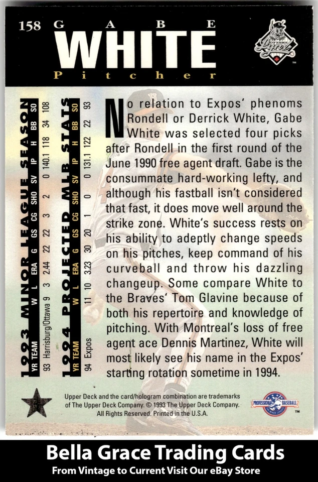 1994 Upper Deck Minor League #158 Gabe White Ottawa Lynx MLB Baseball - Image 2 of 2