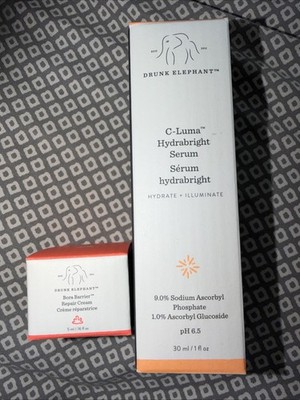 Drunk Elephant C Luma Hydrabright Serum 1oz and Travel Size Bora Barrier Cream