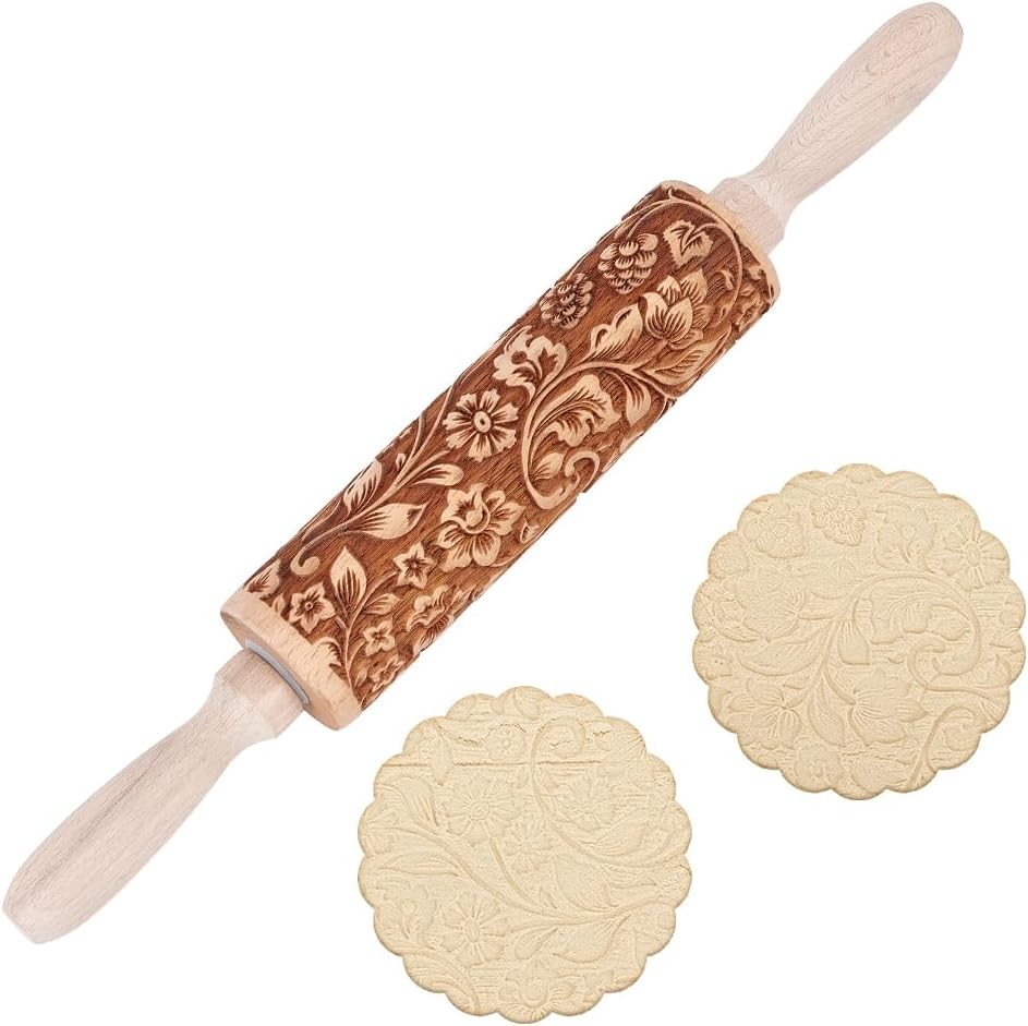 Embossed Wooden Rolling Pin 3D Flower Rattan 35cm