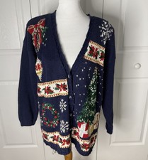 Vintage Casual Corner Blue Holiday Christmas Cardigan Sweater Large Knit