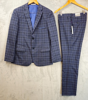 Paisley & Gray Men 2 Piece Plaid Blue Gray Suit Blazer 42R Pant 36x31.5 Slim Fit