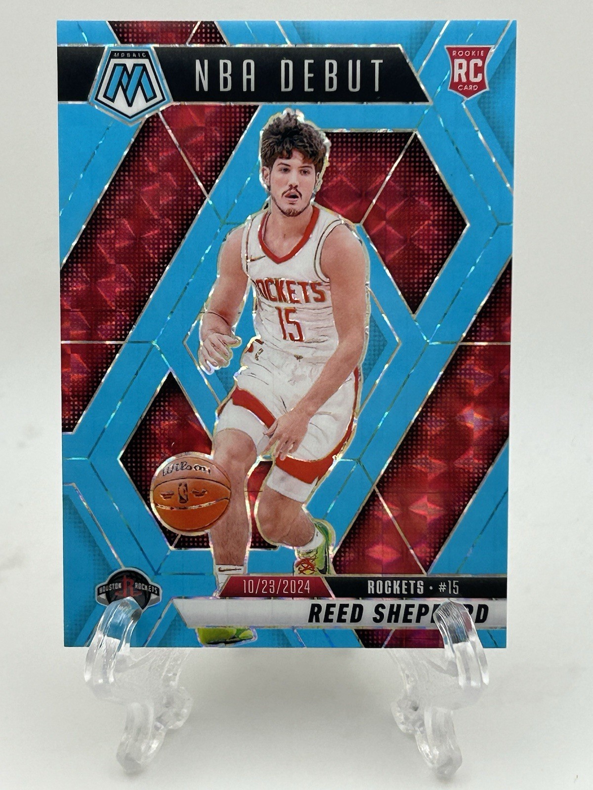 2024-25 Panini Mosaic /75 Reed Sheppard NBA Debut Blue Fluorescent Prizm Rockets