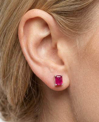 925 Silver Plated Cut Simulated Ruby Rectangular Shape Stud Earring