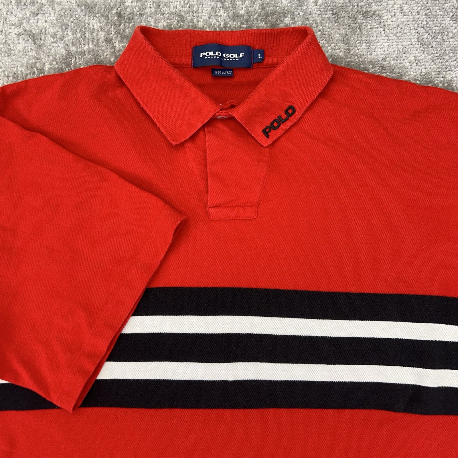 POLO RALPH LAUREN Men's Golf Polo Shirt Collar Logo Red Black Striped Knit LARGE