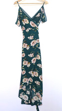 Forever 21 Green Floral Lace Trim Maxi Wrap Dress V-Neck Off Shoulder Women's L