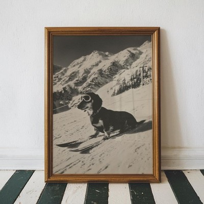 Funny Dachshund Ski Poster | Vintage B&W Winter Lodge Art Print