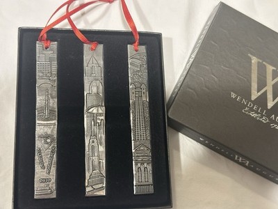 Wendell August Set of 3 Metal Engraved Hanging City Skyline Ornaments