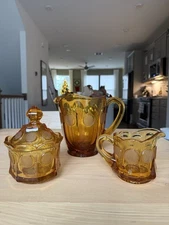 Coin Glass Amber by FOSTORIA - Pitcher, Sugar, Creamer With Lid