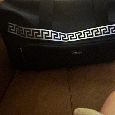 Versace Leather Duffle Bag 21in Black/White Greek Key Trim Zip Closure