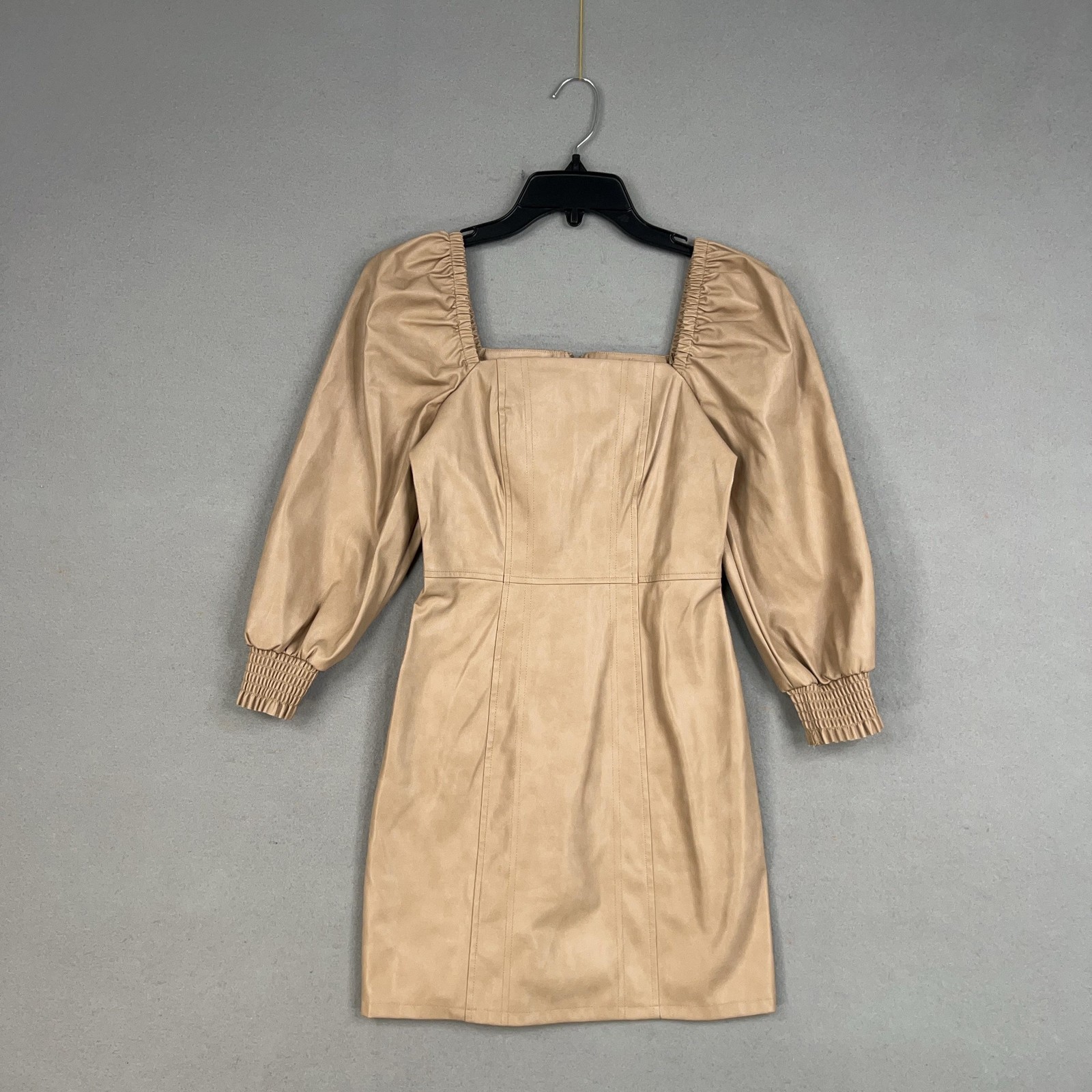 7 For All Mankind Dress Womens XS Tan Faux Leather Square Neck Puff Sleeve Mini