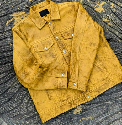 Men's Handmade Yellow Distressed Genuine Lambskin Leather Trucker Jacket