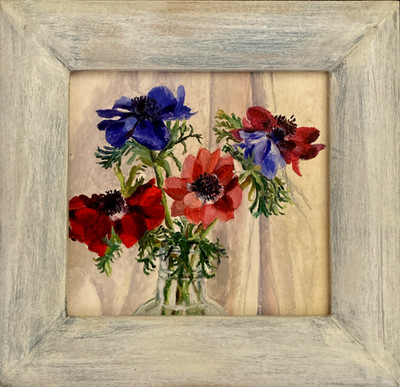 Gerahmtes Ölgemälde Anemonen Blumen signiert auf Karton