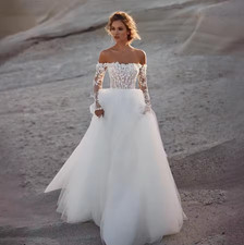 Off Shoulder Lace Top 3/4 Sleeve Tull Wedding Dress A-Line Backless And Lace Up
