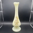 Vintage Fenton Uranium custard glass 7” bud vase hand painted floral GLOWS UV