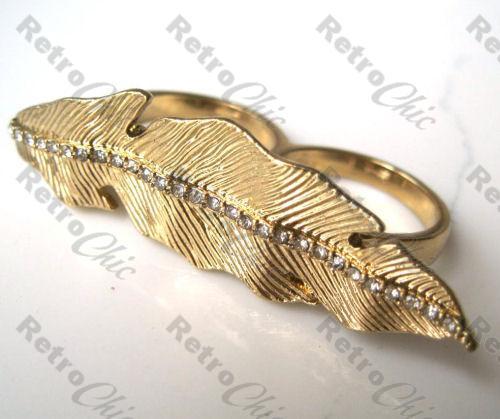 BIG LEAF feather DOUBLE RING rhinestone CRYSTAL gold/silver diamante O/Q rings - Afbeelding 1 van 6