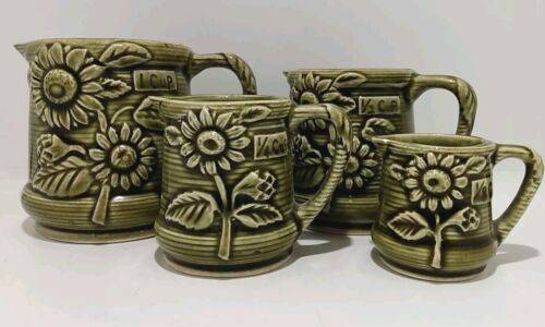 Set of 4 Vintage Daisy Ceramic Measuring Cups Avocado Green MCM Japan
