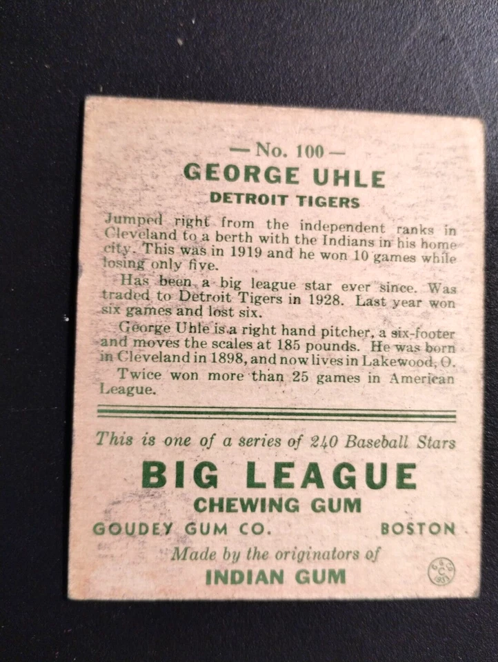 1933 Goudey #100 George Uhle Detroit Tigers: Crease Free, Centered & Nice Color - Image 4 of 4