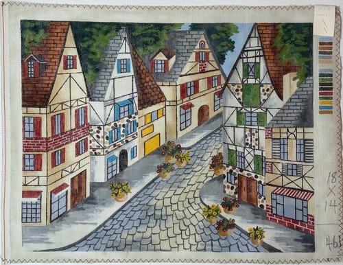 Handbemalte EUROPÄISCHE STADT Nadelspitze Leinwand 18" x 14 1/8" auf 18 Maschen