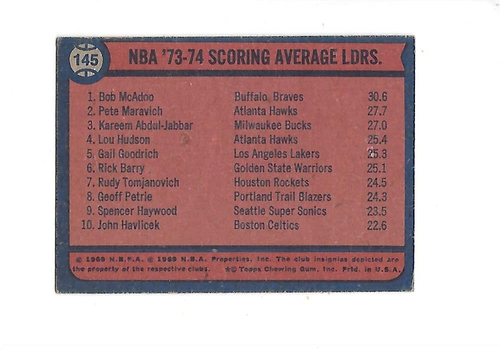 Promedio de puntuación de la NBA 1974-75 Tarjetas coleccionables de baloncesto Leaders #145 de la NBA - Imagen 2 de 2