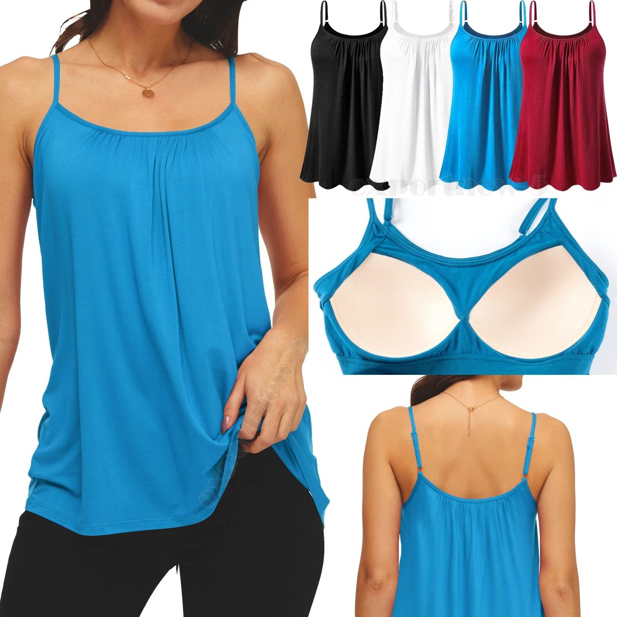 Women Tank Top with Built in Padded Bra Shirred Flowly Relaxed Cami Top