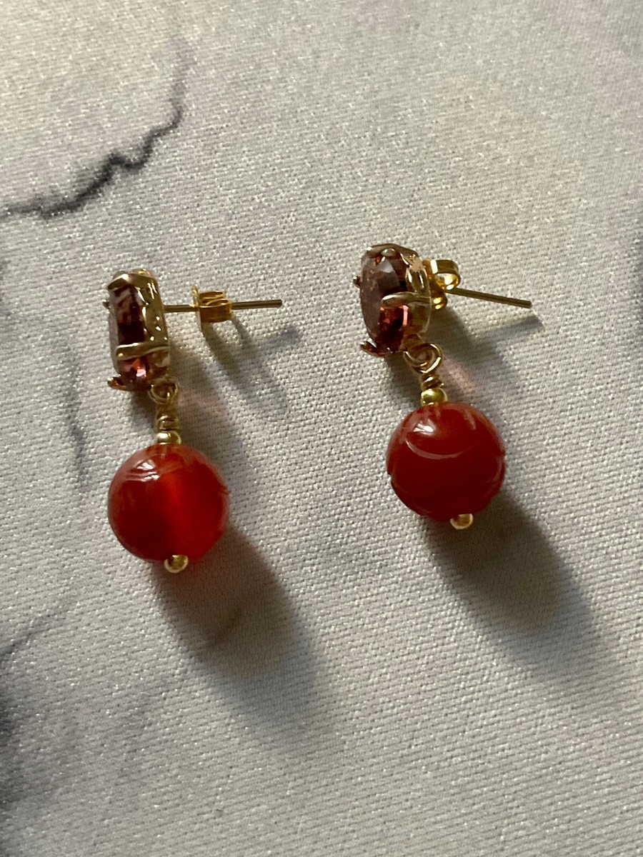 Boucles D'oreilles Anciennes Plaqué Or Avec Cristal Et Cornaline Véritable - Occasion, Style Pendantes
