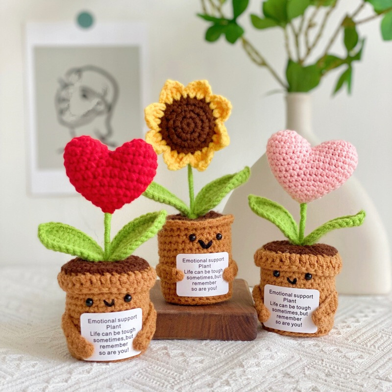 Knitted Flower With Positive Card Emotional Support Plant Mini Funny Crochet