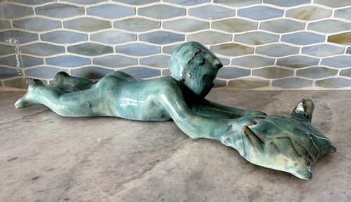 Studio Art Pottery Boy & Turtle Figurine Scuplture Green Glaze Artist Signed