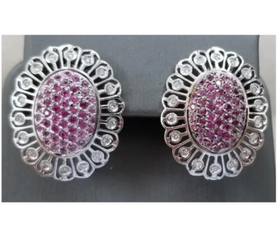 Multi Shade of Pink Sapphires & Lab-Created White Diamonds Flower Stud Earrings
