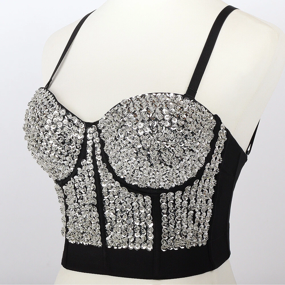 Lady Glitter Crop Tank Top Vest Sequin Bustier Bra Corset Clubwear