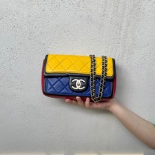 CHANEL 2014 Matelassé Calfskin Mondrian Multicolor Double Chain Shoulder Bag