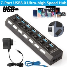 7 Port USB 3.0 Hub Splitter Adapter High Speed For PC Laptop Mac Desktop Hubs
