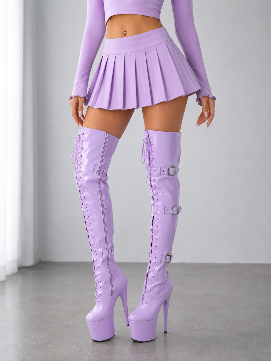 Lilac Purple Patent Stretch Thigh Boots Platform 8