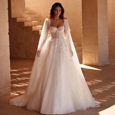 Lace Up Back Detachable Shawl Beads Flowers A-Line Bridal Wedding Dress