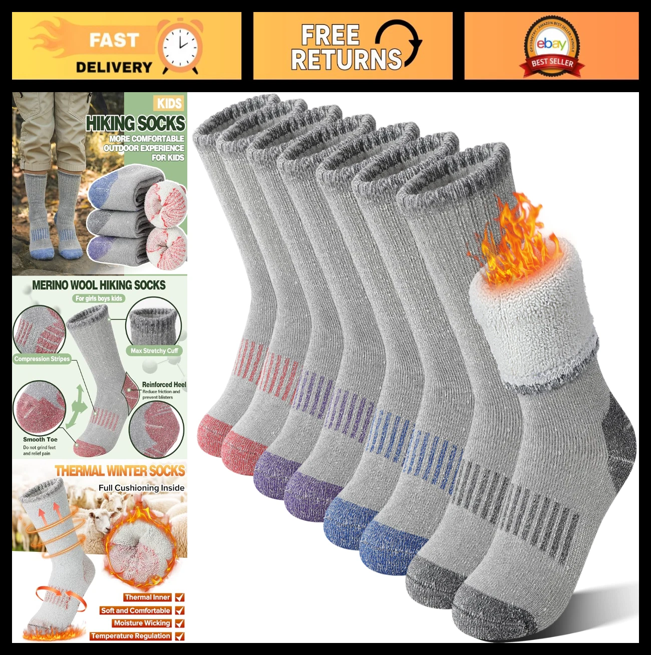 Cozy Merino Wool Hiking Socks for Kids - Thermal, Thick, Cushioned, 4 Pairs